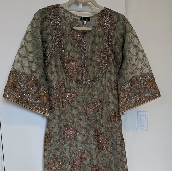 green emerald velvet dress Dark Brown Net Embroidered Frock by Nakoosh M